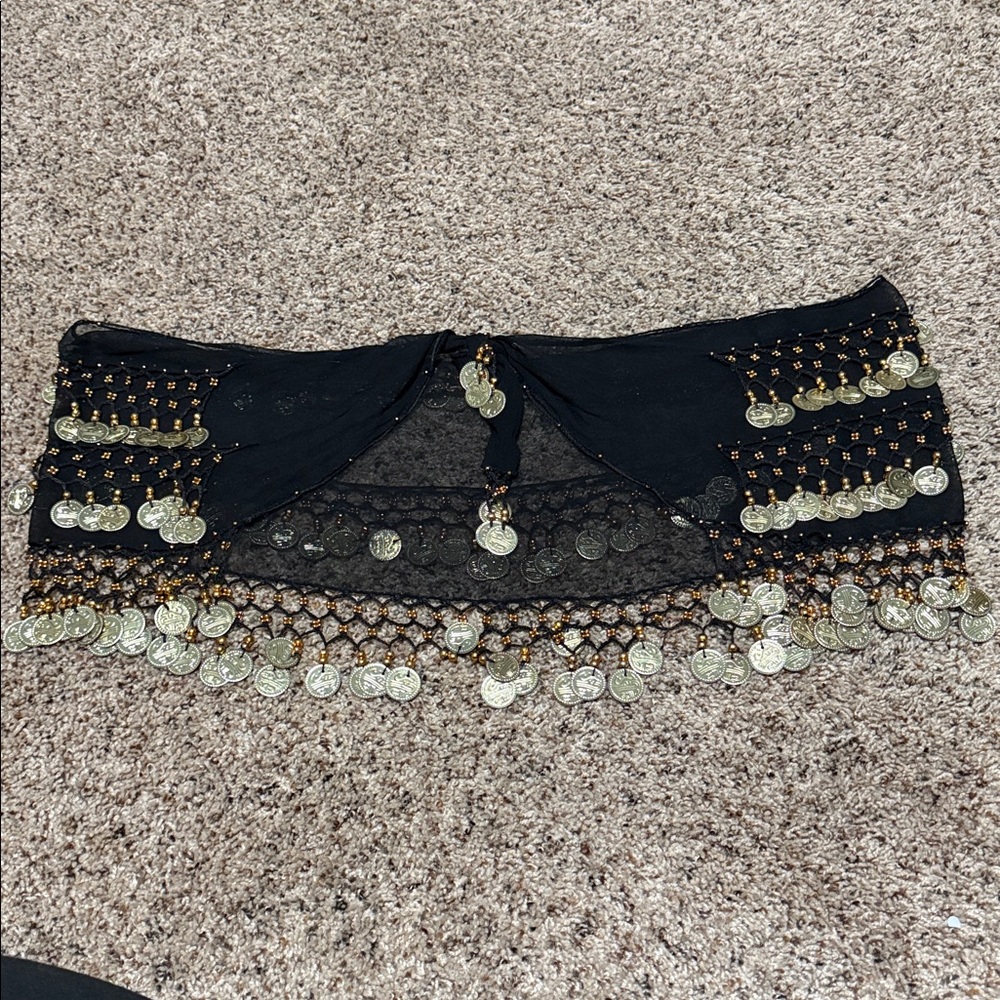 Black Belly Dance Hip Scarf with Gold Coins